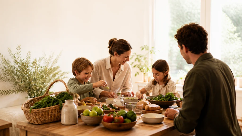 A family around a table preparing dinner together