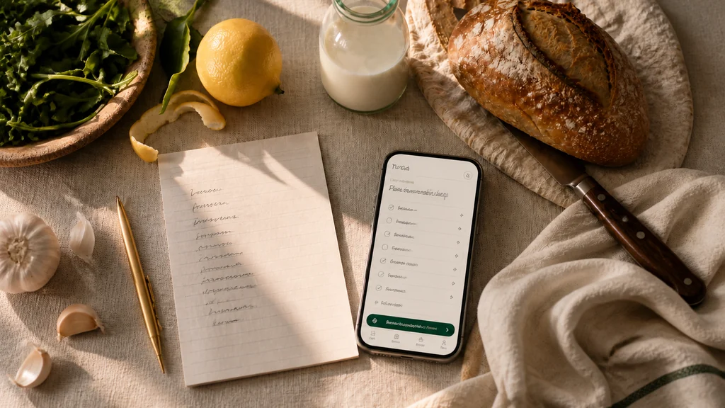 A kitchen table with fresh groceries, a handwritten list and a phone